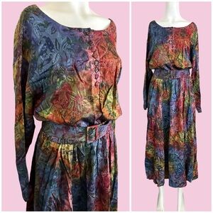 Vintage 80’s TOGETHER! Floral Jacquard Multicolor Belted Dress Sz 16 XL
